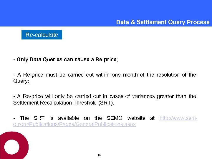 Data & Settlement Query Process Re-calculate - Only Data Queries can cause a Re-price;