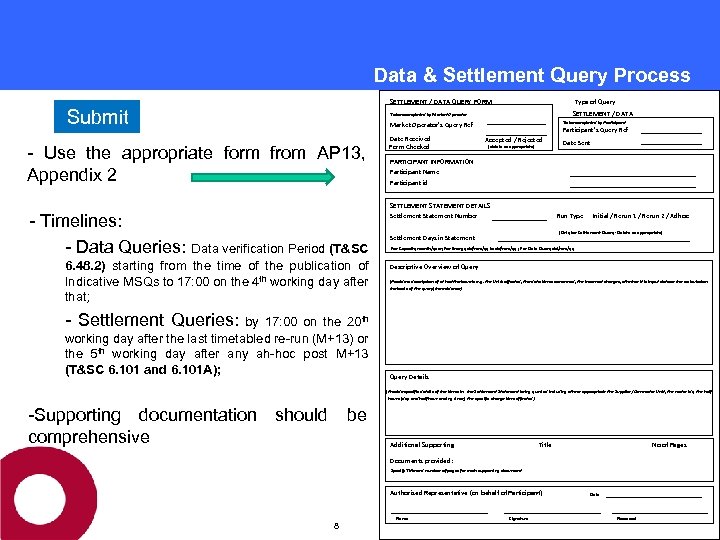 Data & Settlement Query Process · Submit SETTLEMENT / DATA QUERY FORM Type of