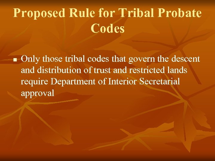 Proposed Rule for Tribal Probate Codes n Only those tribal codes that govern the