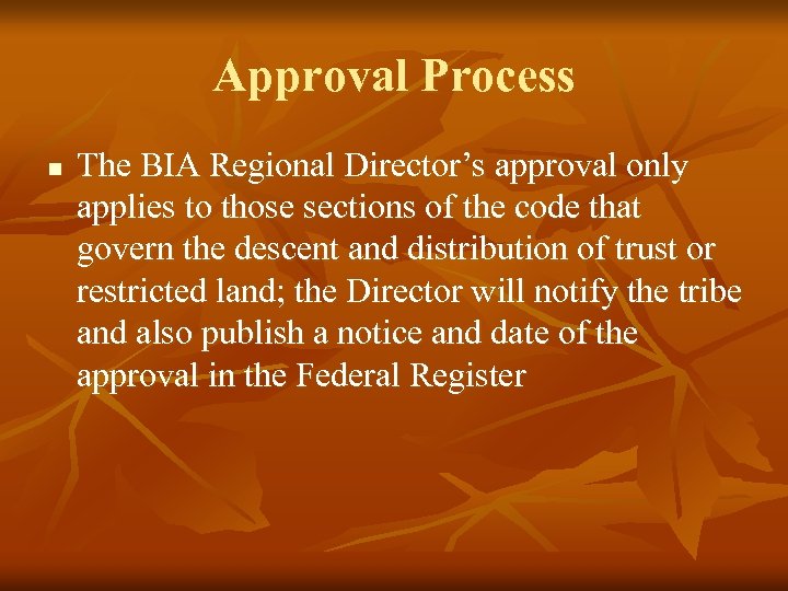 Approval Process n The BIA Regional Director’s approval only applies to those sections of