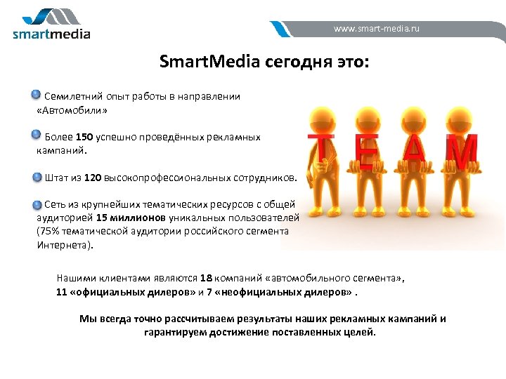 www. smart-media. ru Smart. Media сегодня это: Семилетний опыт работы в направлении «Автомобили» Более