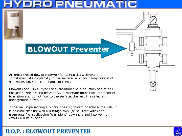 BLOWOUT Preventer An uncontrolled flow of reservoir fluids into the wellbore, and sometimes catastrophically