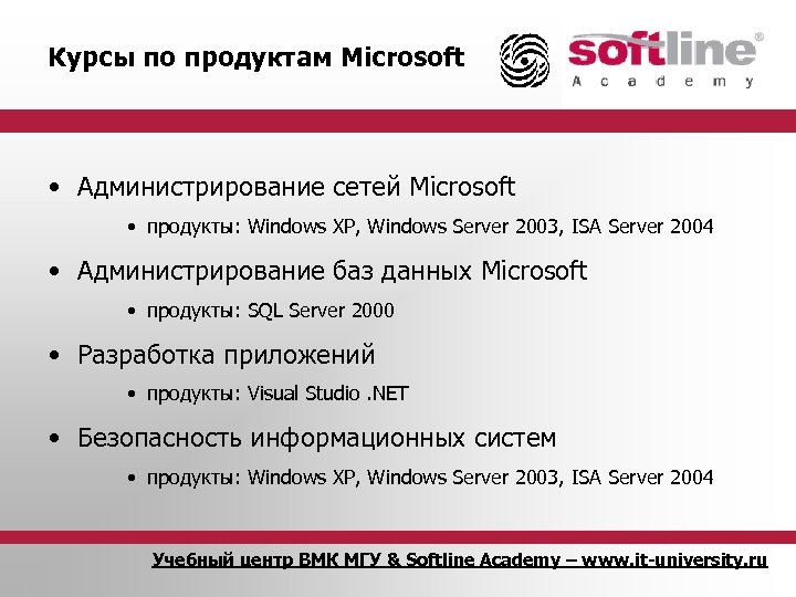 Курсы по продуктам Microsoft • Администрирование сетей Microsoft • продукты: Windows XP, Windows Server