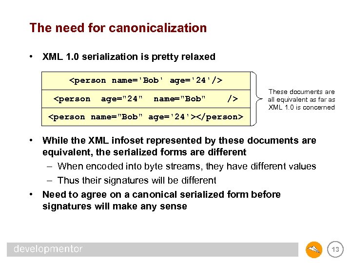 The need for canonicalization • XML 1. 0 serialization is pretty relaxed <person name='Bob'