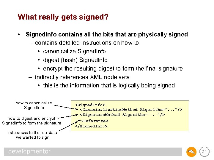 What really gets signed? • Signed. Info contains all the bits that are physically