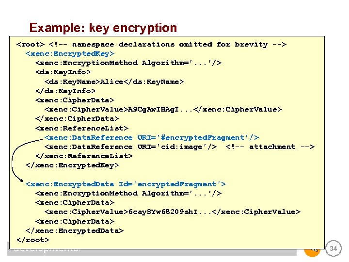 Example: key encryption <root> <!-- namespace declarations omitted for brevity --> <xenc: Encrypted. Key>