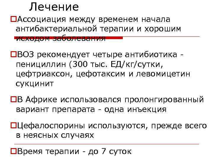 Лечение o. Ассоциация между временем начала антибактериальной терапии и хорошим исходом заболевания o. ВОЗ