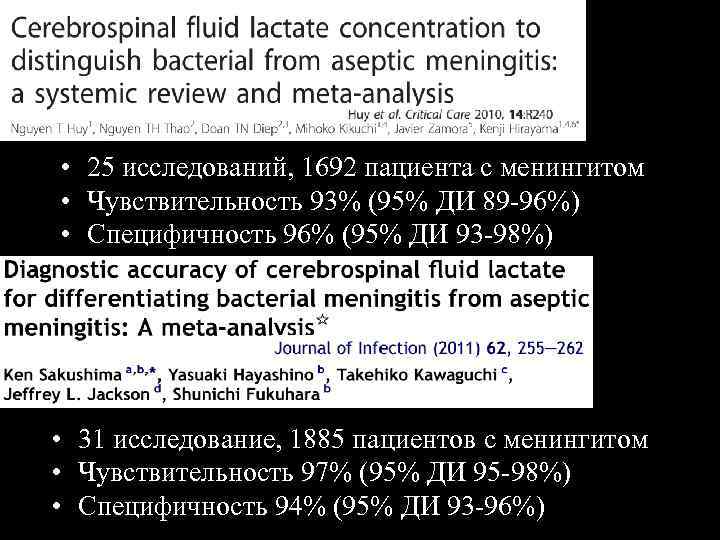  • 25 исследований, 1692 пациента с менингитом • Чувствительность 93% (95% ДИ 89