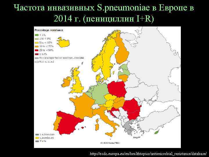 Частота инвазивных S. pneumoniae в Европе в 2014 г. (пенициллин I+R) http: //ecdc. europa.