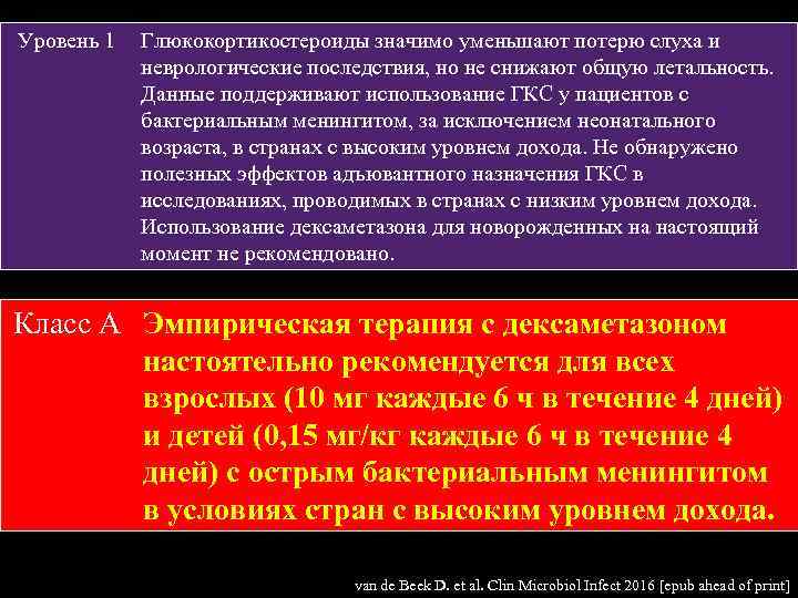 Уровень 1 Глюкокортикостероиды значимо уменьшают потерю слуха и неврологические последствия, но не снижают общую