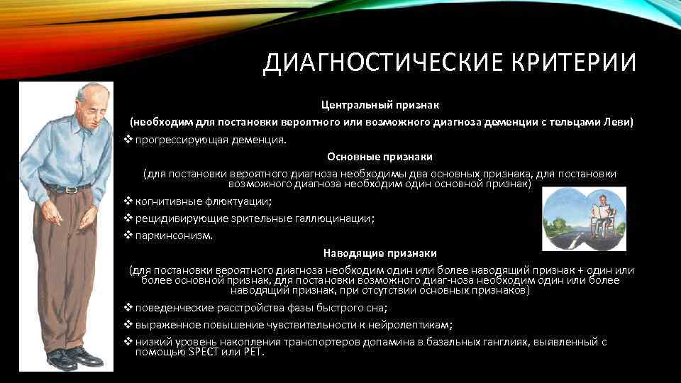 ДИАГНОСТИЧЕСКИЕ КРИТЕРИИ Центральный признак (необходим для постановки вероятного или возможного диагноза деменции с тельцами