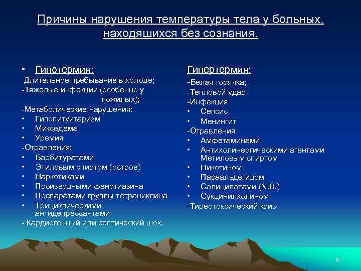 Причины нарyшения температуры тела у больных, находяшихся без сознания. • Гипотермия: -Длительное пребывание в