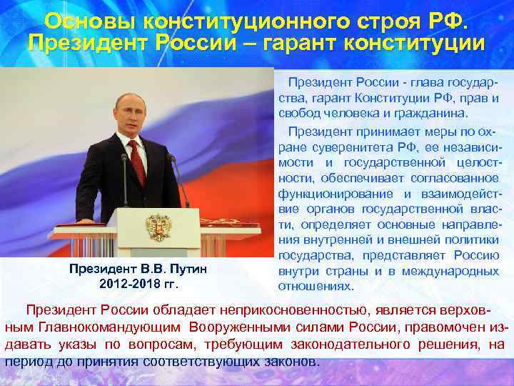 Основы конституционного строя РФ. Президент России – гарант конституции Президент В. В. Путин 2012