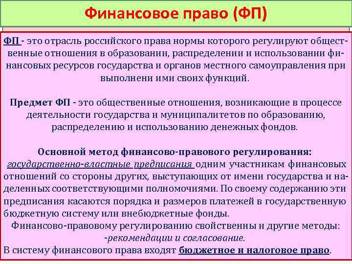 Финансовое право (ФП) ФП - это отрасль российского права нормы которого регулируют общественные отношения