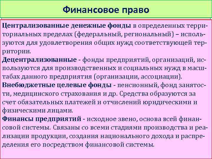 Финансовое право Централизованные денежные фонды в определенных территориальных пределах (федеральный, региональный) – используются для