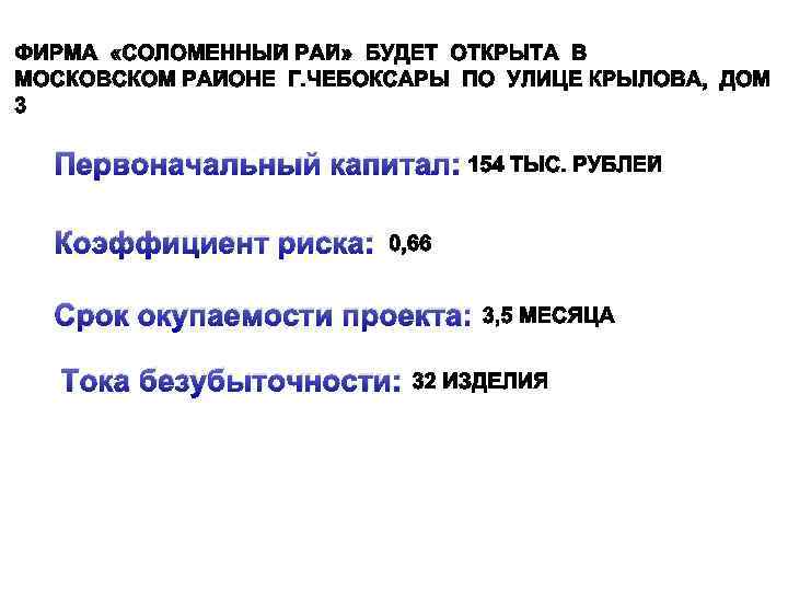 Первоначальный капитал: Коэффициент риска: Срок окупаемости проекта: Тока безубыточности: 