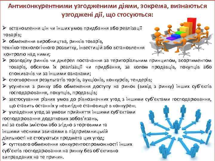 Антиконкурентними узгодженими діями, зокрема, визнаються узгоджені дії, що стосуються: Ø встановлення цін чи інших