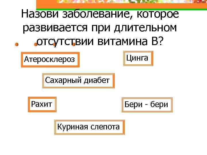 Назови заболевание, которое развивается при длительном отсутствии витамина В? Атеросклероз Цинга Сахарный диабет Рахит