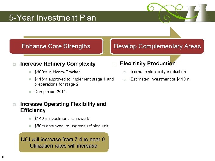 5 -Year Investment Plan Enhance Core Strengths Increase Refinery Complexity Develop Complementary Areas Electricity