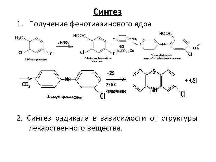 Синтез 1. Получение фенотиазинового ядра 2. Синтез радикала в зависимости от структуры лекарственного вещества.