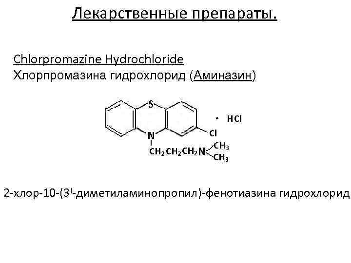 Лекарственные препараты. Chlorpromazine Hydrochloride Хлорпромазина гидрохлорид (Аминазин) 2 -хлор-10 -(3 I-диметиламинопропил)-фенотиазина гидрохлорид 