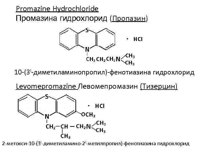 Promazine Hydrochloride Промазина гидрохлорид (Пропазин) 10 -(3 I-диметиламинопропил)-фенотиазина гидрохлорид Levomepromazine Левомепромазин (Тизерцин) 2 -метокси-10