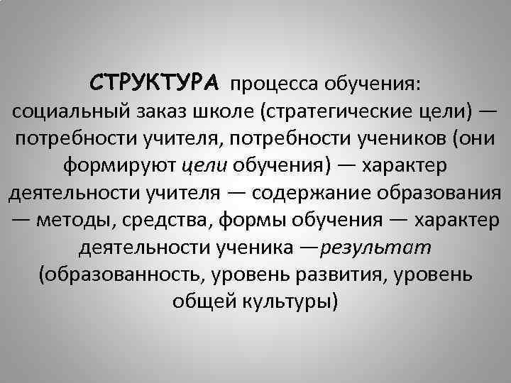 СТРУКТУРА процесса обучения: социальный заказ школе (стратегические цели) — потребности учителя, потребности учеников (они