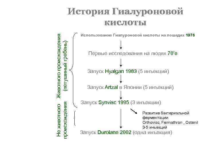 Не животного Животного происхождения (петушиный гребень) История Гиалуроновой кислоты Использование Гиалуроновой кислоты на лошадях