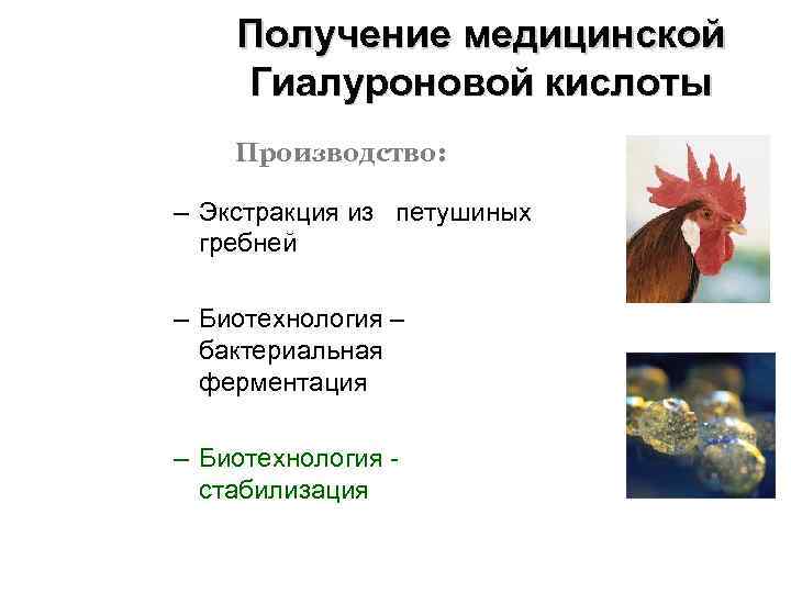 Получение медицинской Гиалуроновой кислоты Производство: – Экстракция из петушиных гребней – Биотехнология – бактериальная