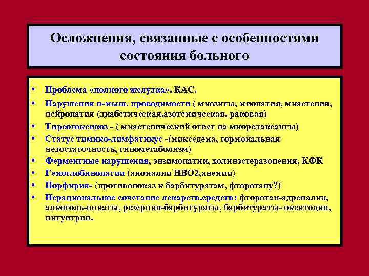 Осложнения, связанные с особенностями состояния больного • • Проблема «полного желудка» . КАС. Нарушения