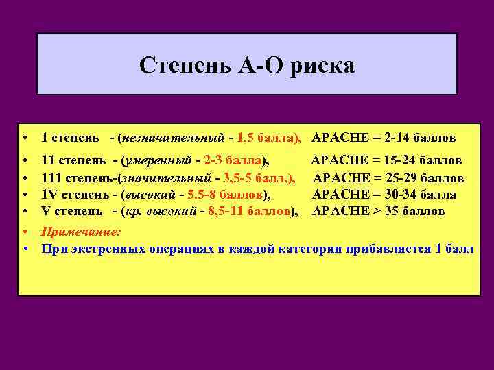 Степень А-О риска • 1 степень - (незначительный - 1, 5 балла), AРACHE =