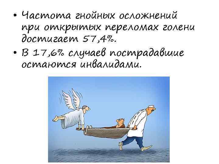  • Частота гнойных осложнений при открытых переломах голени достигает 57, 4%. • В