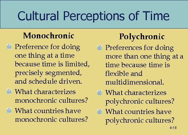 Cultural Perceptions of Time Monochronic Preference for doing one thing at a time because