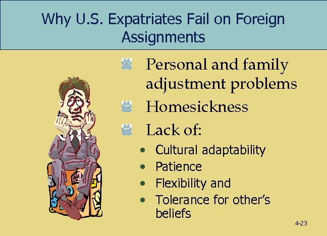 Why U. S. Expatriates Fail on Foreign Assignments Personal and family adjustment problems Homesickness