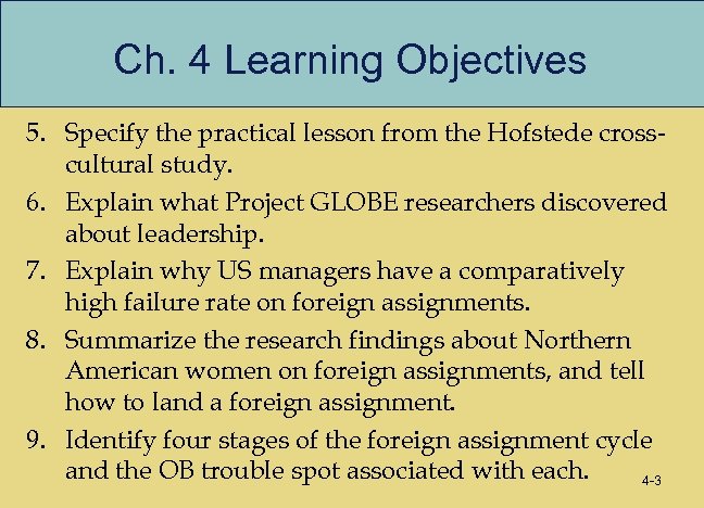 Ch. 4 Learning Objectives 5. Specify the practical lesson from the Hofstede crosscultural study.