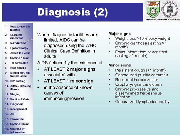 Diagnosis (2) 1. How to use this module 2. Learning outcomes 3. Introduction 4.