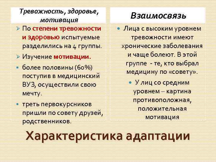 Тревожность, здоровье, мотивация Ø По степени тревожности и здоровью испытуемые разделились на 4 группы.