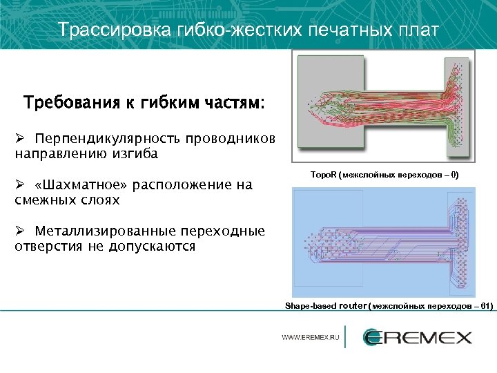 Трассировка гибко-жестких печатных плат Требования к гибким частям: Ø Перпендикулярность проводников направлению изгиба Ø