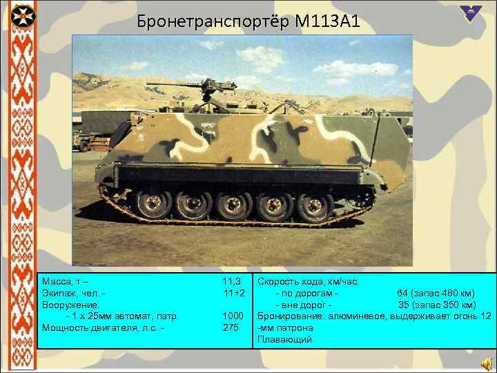 Бронетранспортёр М 113 А 1 Масса, т – 11, 3 Экипаж, чел. - 11+2