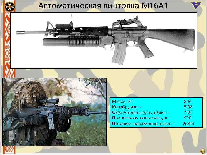 Автоматическая винтовка М 16 А 1 Масса, кг – 2, 9 Калибр, мм –