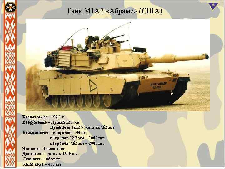 Танк М 1 А 2 «Абрамс» (США) Боевая масса – 57, 1 т Вооружение