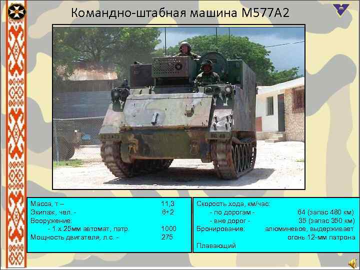 Командно-штабная машина М 577 А 2 Масса, т – 11, 3 Экипаж, чел. -