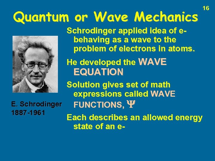 Quantum or Wave Mechanics 16 Schrodinger applied idea of ebehaving as a wave to