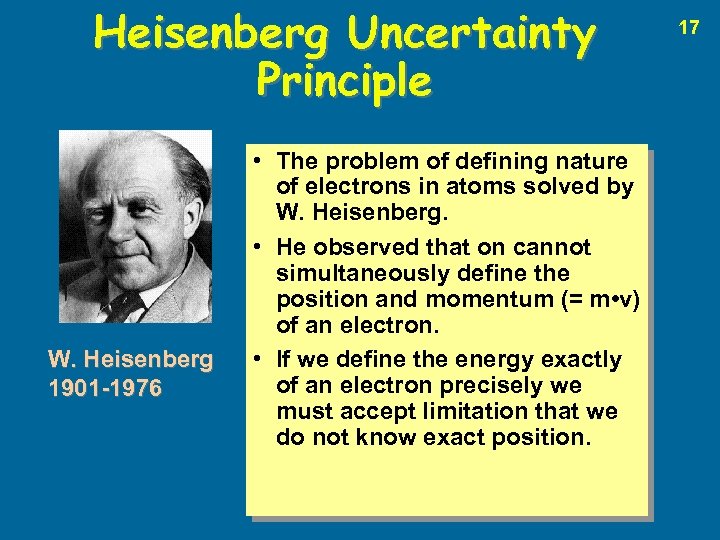 Heisenberg Uncertainty Principle W. Heisenberg 1901 -1976 • The problem of defining nature of