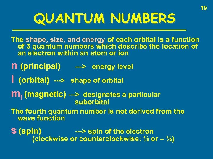 QUANTUM NUMBERS The shape, size, and energy of each orbital is a function of