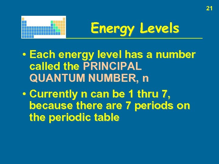 21 Energy Levels • Each energy level has a number called the PRINCIPAL QUANTUM