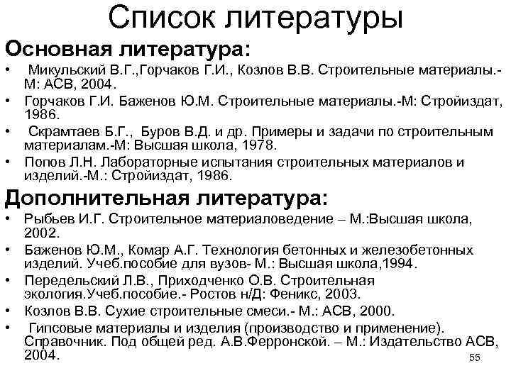Список литературы Основная литература: • Микульский В. Г. , Горчаков Г. И. , Козлов