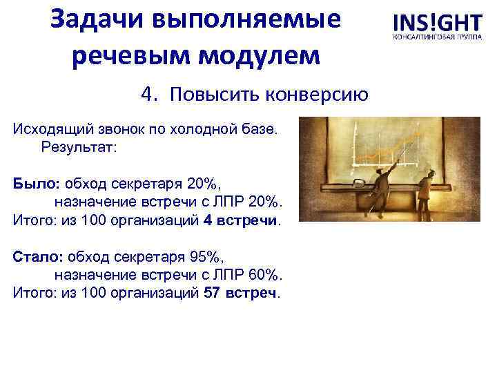 Задачи выполняемые речевым модулем 4. Повысить конверсию Исходящий звонок по холодной базе. Результат: Было: