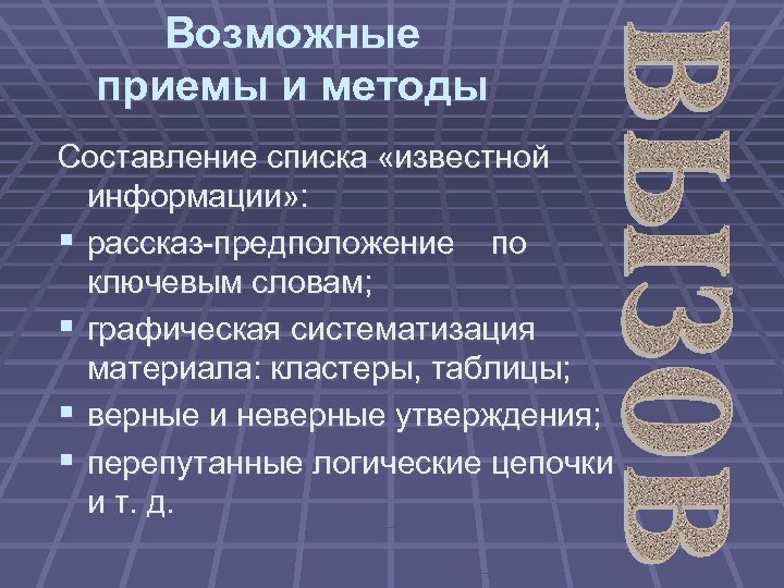 Возможные приемы и методы Составление списка «известной информации» : § рассказ предположение по ключевым