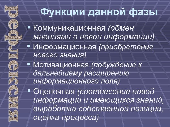 Функции данной фазы § Коммуникационная (обмен мнениями о новой информации) § Информационная (приобретение нового